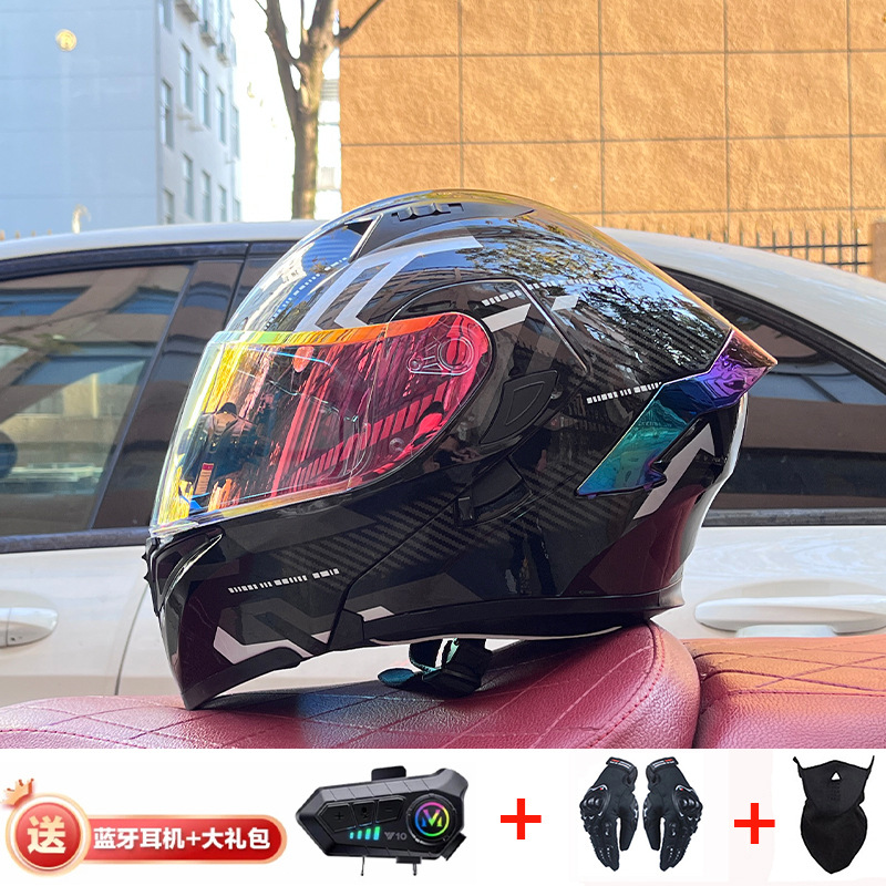 Casco de exposición Orz para hombres y mujeres invierno Doble espejo coche eléctrico semi-Casco completo cola de color coche deportivo ranura Bluetooth cuatro estaciones casco