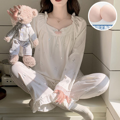 带胸垫睡衣女款春秋季甜美公主风薄款长袖长裤宽松少女家居服套装