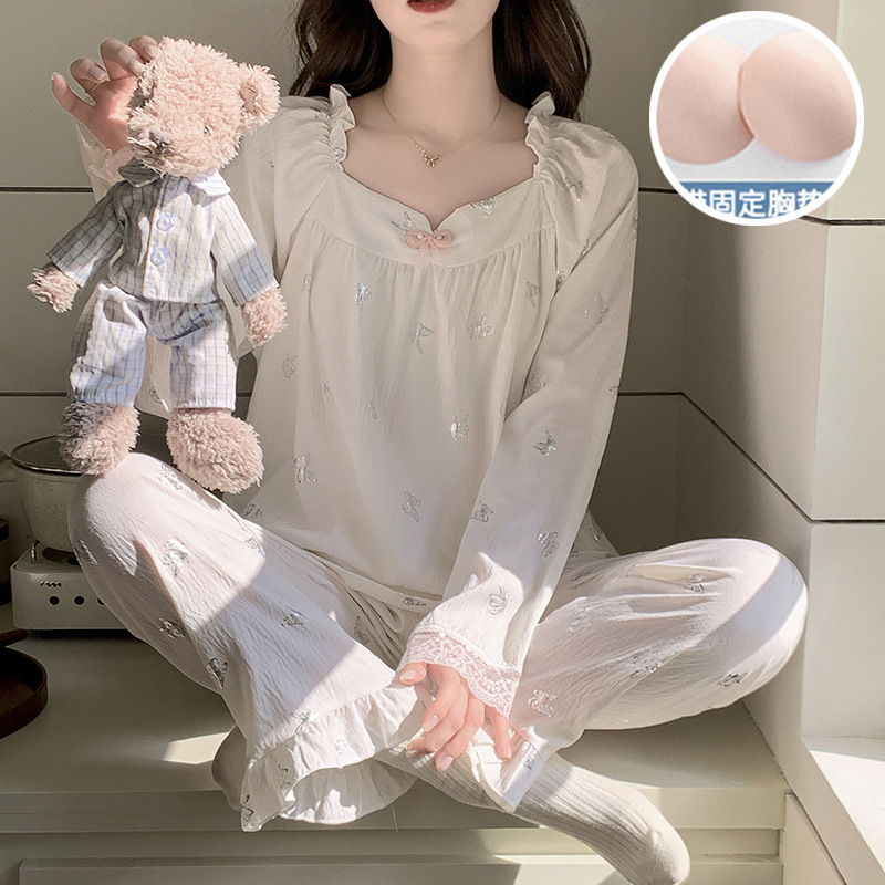带胸垫睡衣女款春秋季甜美公主风薄款长袖长裤宽松少女家居服套装|undefined