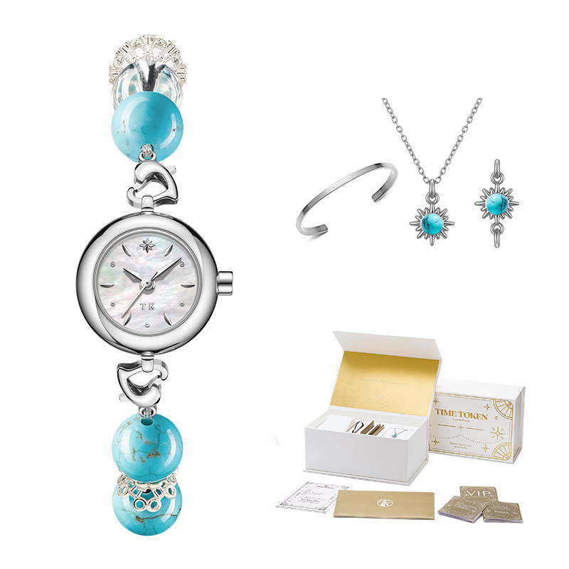 Turquoise Beaded Women's Quartz Watch Set Mother-Of-Pearl Dial Light Luxury Bracelet Style Wristwatch Wholesale T495Ls-D4