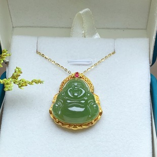 Fubei Diamond Jewelry [18K Gold Inlaid with Natural Hetian Jasper Buddha Pendant] the Overall Size Is about 25*21*8mm