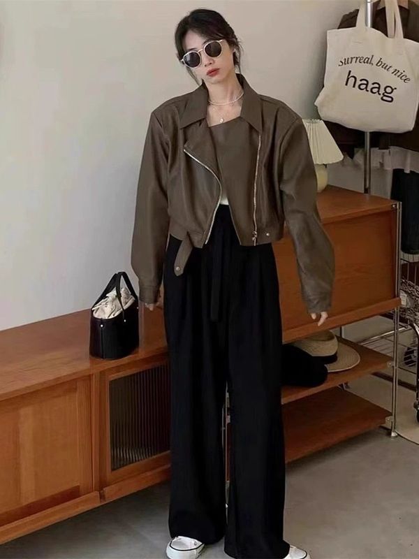 春秋时尚显瘦皮衣短款皮衣外套女气质翻领小个子PU皮显瘦百搭夹克|undefined