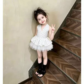 女童韩版套装2026夏季新款波点系带连衣裙儿童时髦分体网纱半身裙