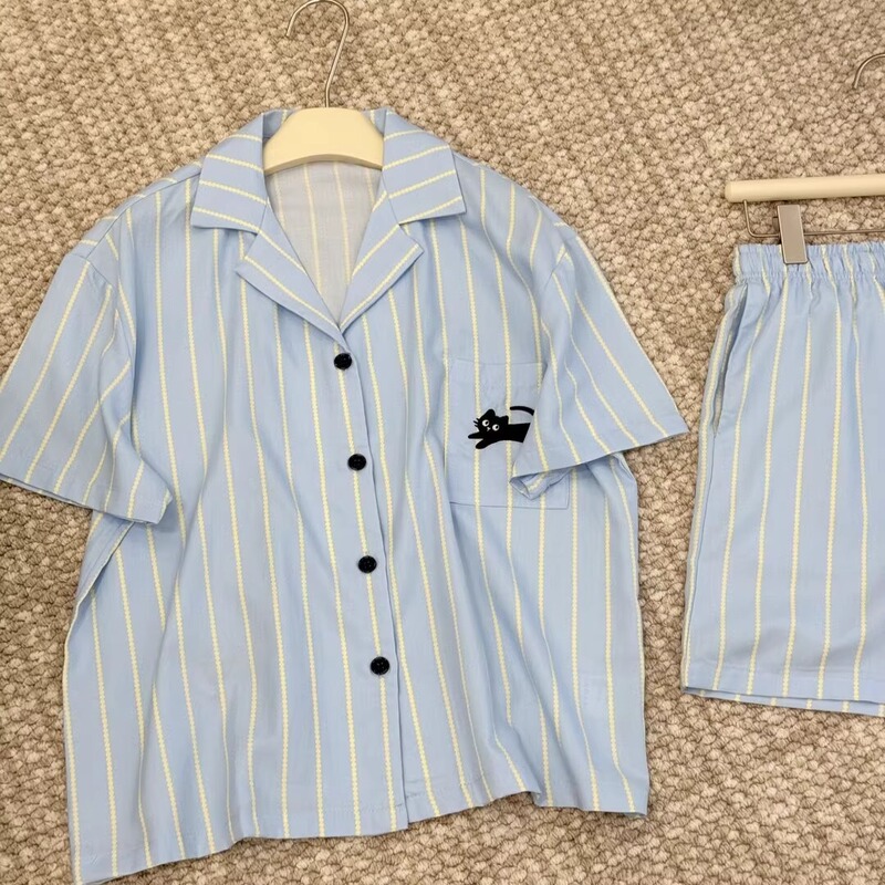 夏季睡衣新款2025年套装男女短袖短裤条纹可外穿甜美家居服两件套|undefined