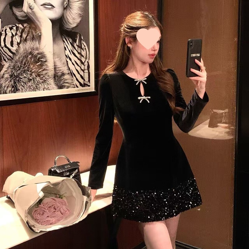 Elegant black velvet dress with a bow, women's spring 2026 new collection, elaborate design, suitable as a birthday gift, A-line black dress Elegant black velvet dress with a bow, women's spring 2026 new collection, elaborate design, suitable as a birthday gift, A-line black dress