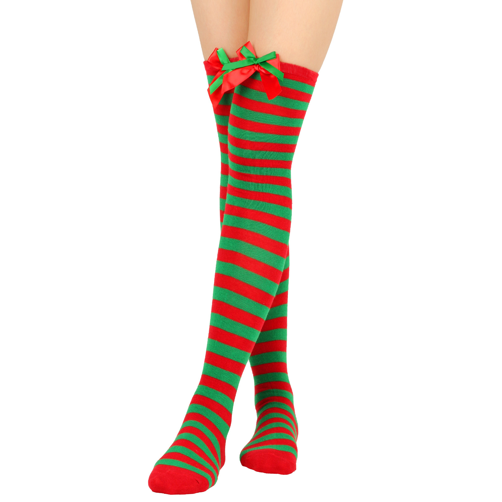 Calzini natalizi unisex con fiocco, calzini a palla, sopra il ginocchio, calzini lunghi da donna, calzini natalizi a righe_voghion.com