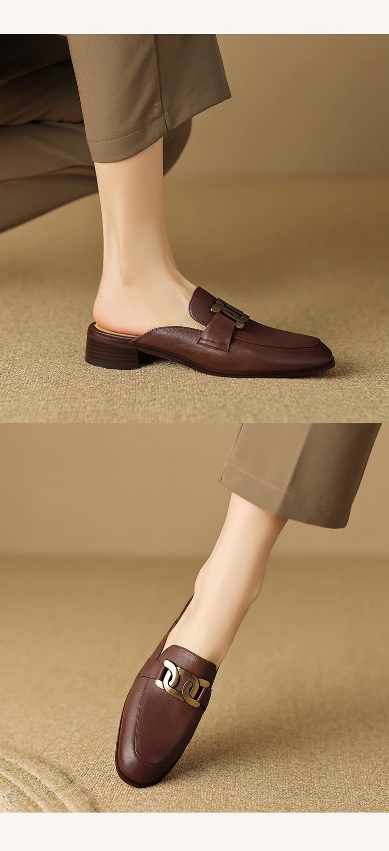 Giày mule nữ da bò mũi nhọn gót thấp 2 cm — Màu đen chi tiết 9