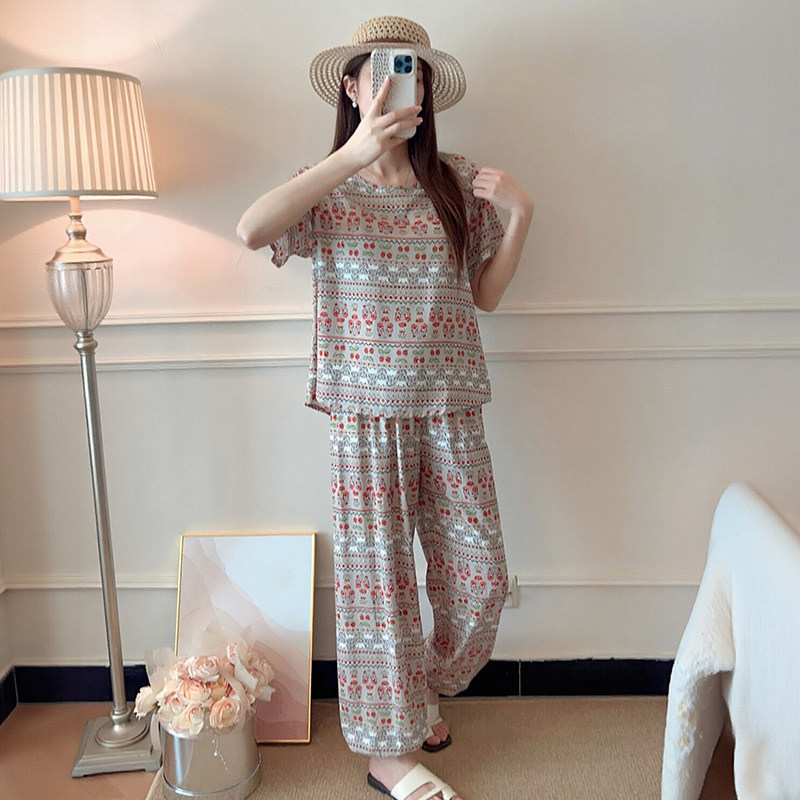 Artificial Cotton T-Shirt and Jogger Pants Set for Women, Thin Short-Sleeve Floral Home Outfit, Plus Size, Can Be Worn Outside, Cotton Silk Pajamas and Sleep Pants