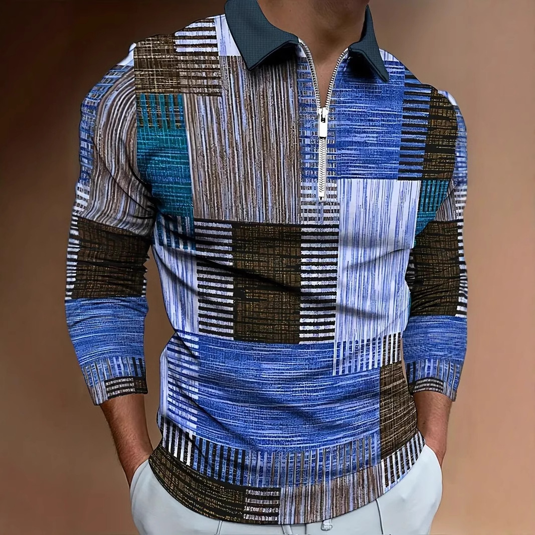 AliExpress transfronterizo línea geométrica de color 3D impresión hombres calle moda suelta cremallera camisa POLO