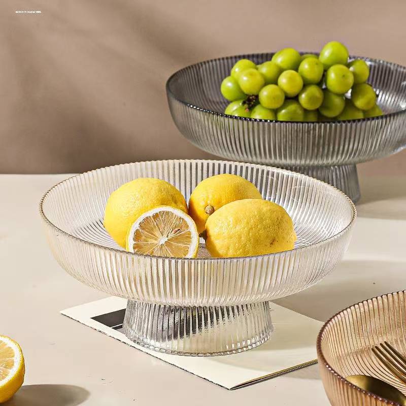 High-Footed Vertical-Striped Glass Plate Fruit and Dried Fruit Plate Set Living Room Banquet Snack Holiday Gift Tray