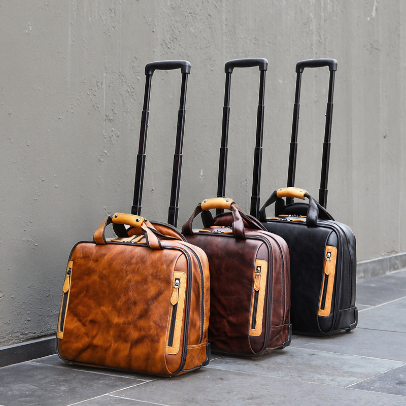 남성과 여성을 위한 정품 가죽 복고풍 가방, 다기능 캐주얼 여행 트롤리 케이스 16inch 비즈니스 출장 탑승 케이스 트렌드