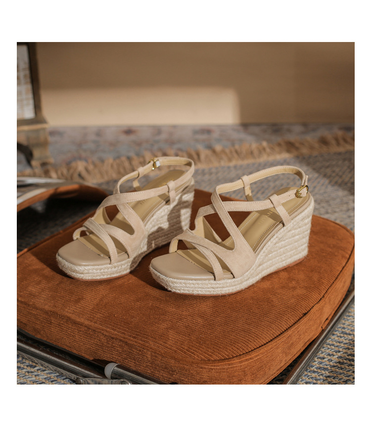 Sandal cao gót nữ hở mũi đế xuồng bọc dây thừng MJ90111 — màu đen chi tiết 19