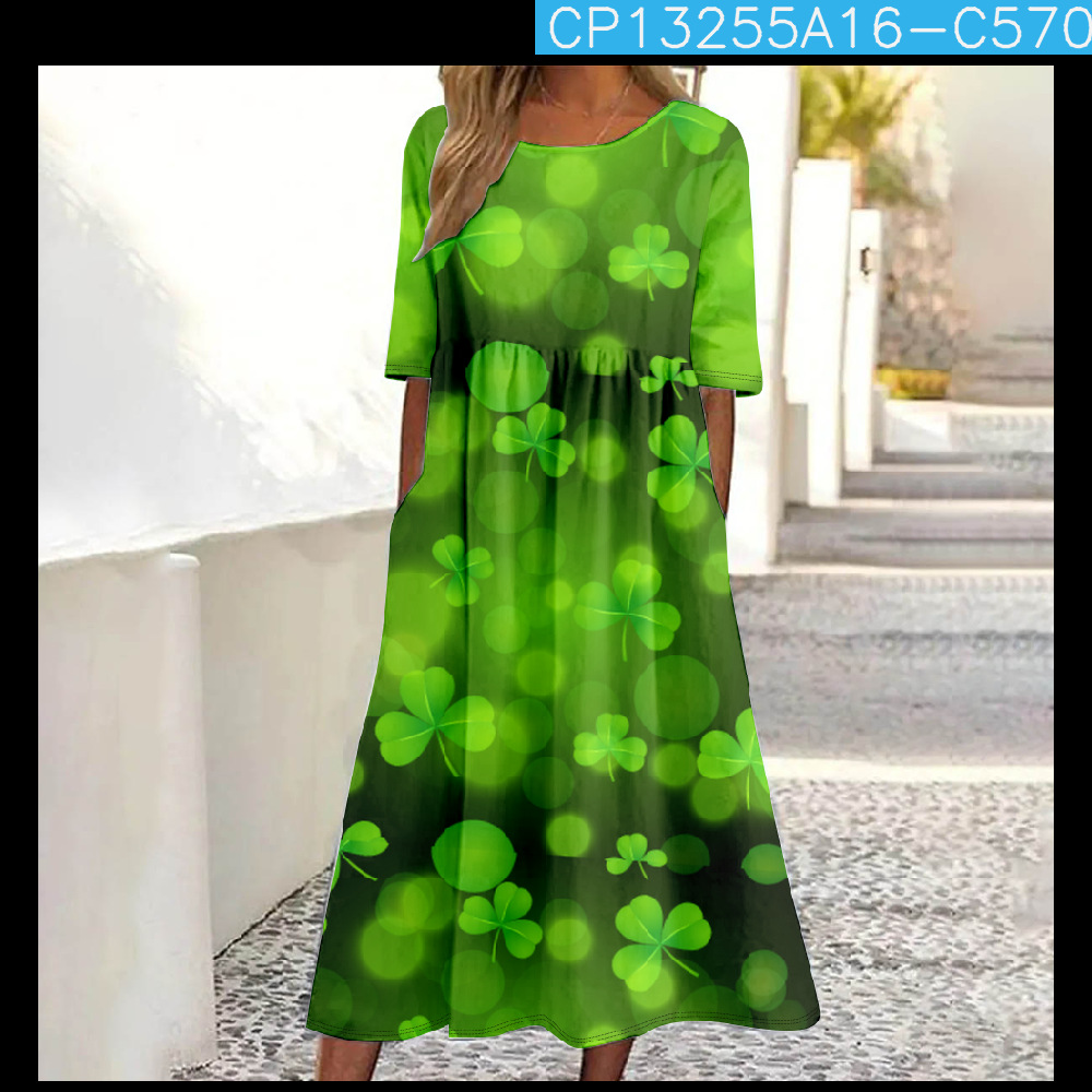Summer Mid-Waist Women's Casual St. Patrick Flared Dress_ecoleips.com