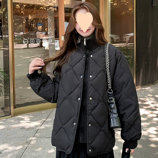 实拍新款菱形格棉服女宽松 学生小众设计感ins夹克假两件棉服爆款