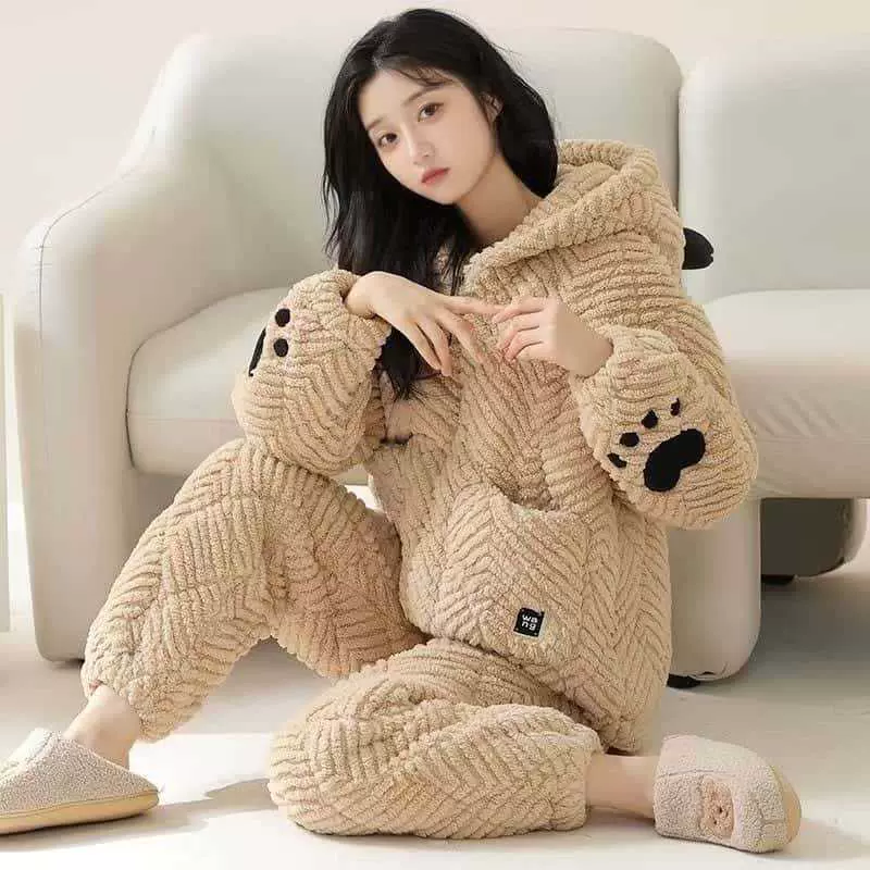 睡衣秋冬季加厚加绒冬季女士开衫法兰绒可爱家居服套装爆款大码