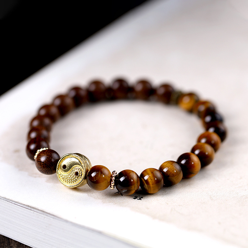 天然虎眼石拼接檀木手串 太极顶珠檀木手链 金丝檀手编珠串批发