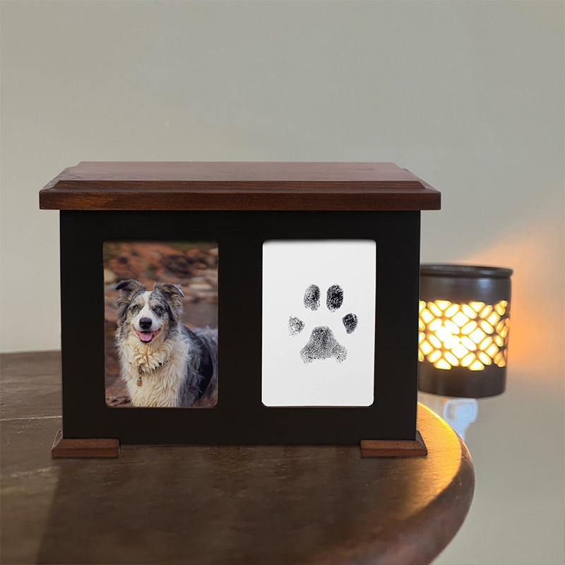 Urna de madera transfronteriza urna funeraria de perros y gatos para mascotas impresa de barro impresa de garra caja conmemorativa marco de cinta de madera sólida
