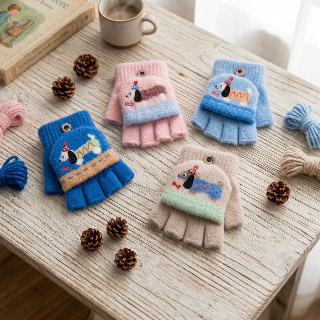 Children's half-finger flip gloves, winter warm, cartoon puppy design, crystal velvet, for writing, suitable for boys and girls, baby anti-freeze gloves
