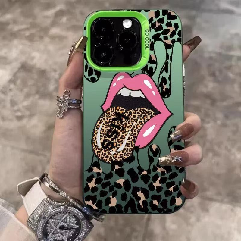 El estampado de leopardo con lengua es adecuado para la carcasa del teléfono móvil Apple 16Promax, la carcasa de gas de la personalidad iPhone15/14/13 texto 12
