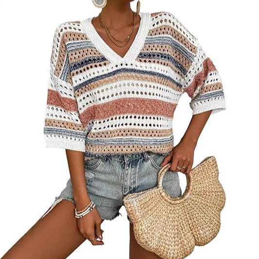 Amazon's Popular Color-Blocked Hollow-Out V-Neck Unique Retro Loose Versatile Knitted Pullover Wool Sweater for Women Amazon's Popular Color-Blocked Hollow-Out V-Neck Unique Retro Loose Versatile Knitted Pullover Wool Sweater for Women