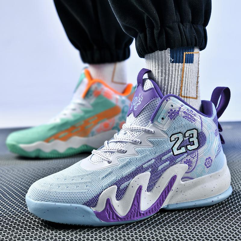 Basketball Shoes Men's and Women's Summer Mesh Breathable Non-slip Wear-resistant Shock-absorbing Student Mandarin Duck Two-color sneaker High-top Combat Boots