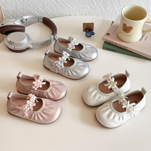 韩版春秋女童小皮鞋2025新款女孩洋气珍珠蝴蝶结软底魔术贴公主鞋