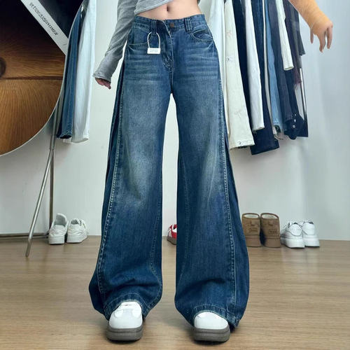 Light Blue High-Waisted Wide-Leg Women's Spring Summer Petite 2025 Spring Loose Drape Straight Leg Pants