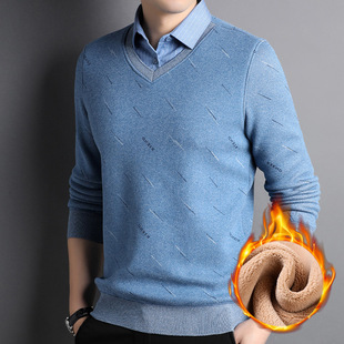 Fleece-lined shirt collar fake two-piece sweater men's 2023 autumn and winter new casual warm pattern bottoming sweater