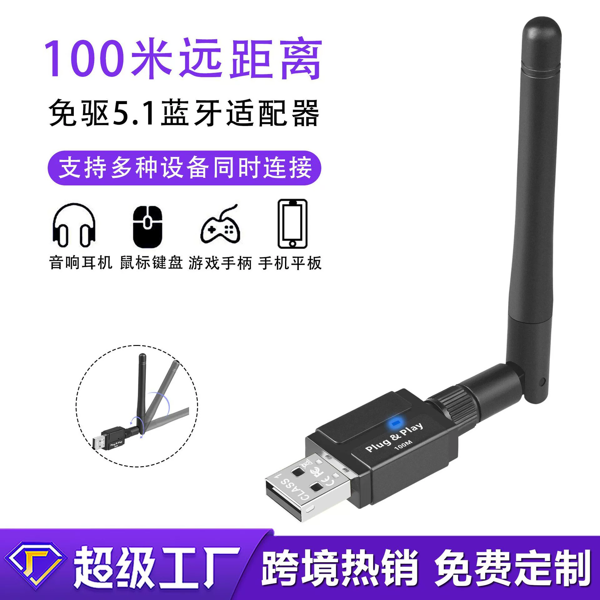 Передатчик Bluetooth 5.1 USB-приемник Bluetooth CLASS1 дальнего действия 100 м