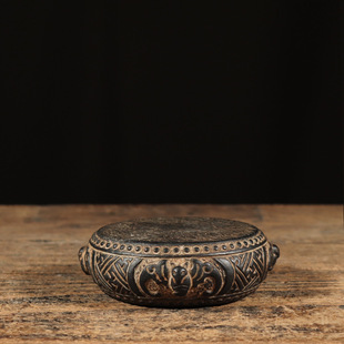 Antique Stone Carving Natural Green Stone Carving Fushi Drum Pot Bearing Coaster Base Chinese Retro Folk Nostalgic Home Decoration