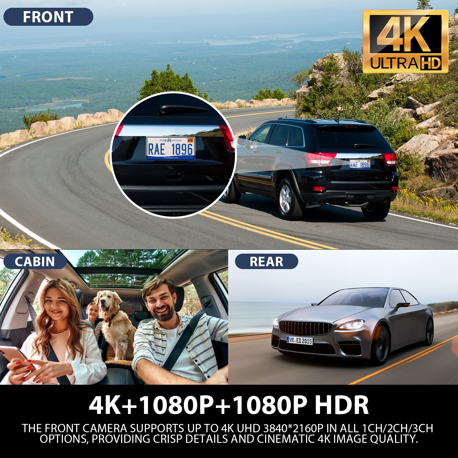 4K+1080P+1080P 3-Lens Dash Cam with Front, Rear, and Interior Cameras, Built-In Gps, High-Definition Night Vision