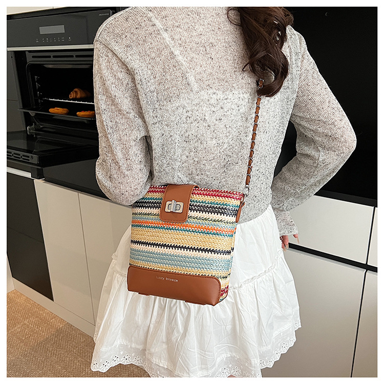 Seaside vacation beach rainbow woven bag for women 2025 Summer New style fashionable, simple, casual and high-quality single-shoulder bucket bag undefined