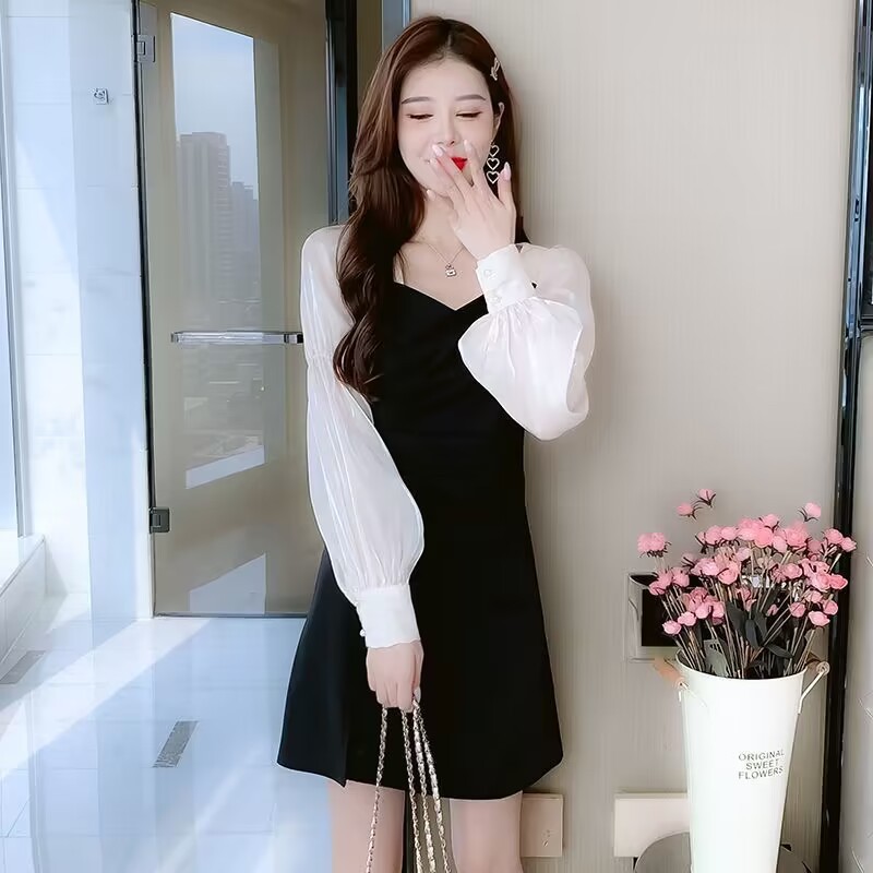 Xiaoxiangfeng ウエスト痩身春と秋の長袖ドレス女性の新しいエレガントなレトロなデザインのリトルブラックドレス|undefined