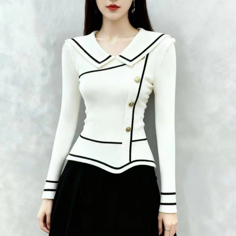 Elegant and beautiful navy blue navy-collar Chanel-style long-sleeve knit sweater for women, autumn and winter, high-end, simple, versatile, and slimming