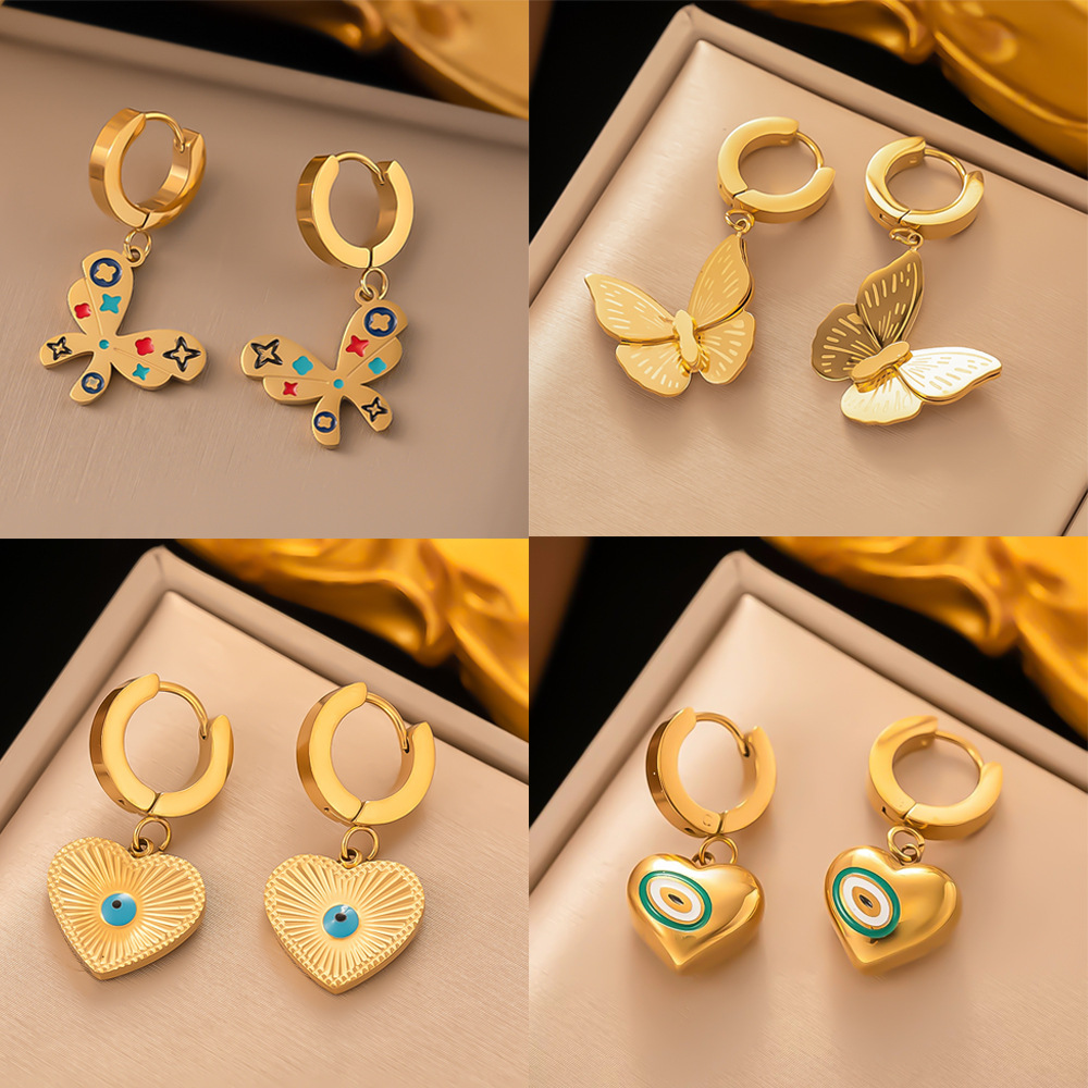 13g Weight 1 Pair Retro Classic Style Four Leaf Clover Devil's Eye Heart Shape Enamel Inlay Stainless Steel Zircon Drop Earrings