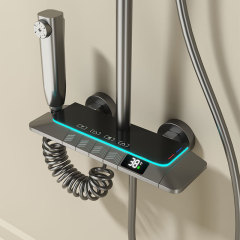 源頭工廠槍灰色水鍍花灑套裝氛數顯全銅主體淋浴氛圍燈沐浴噴頭