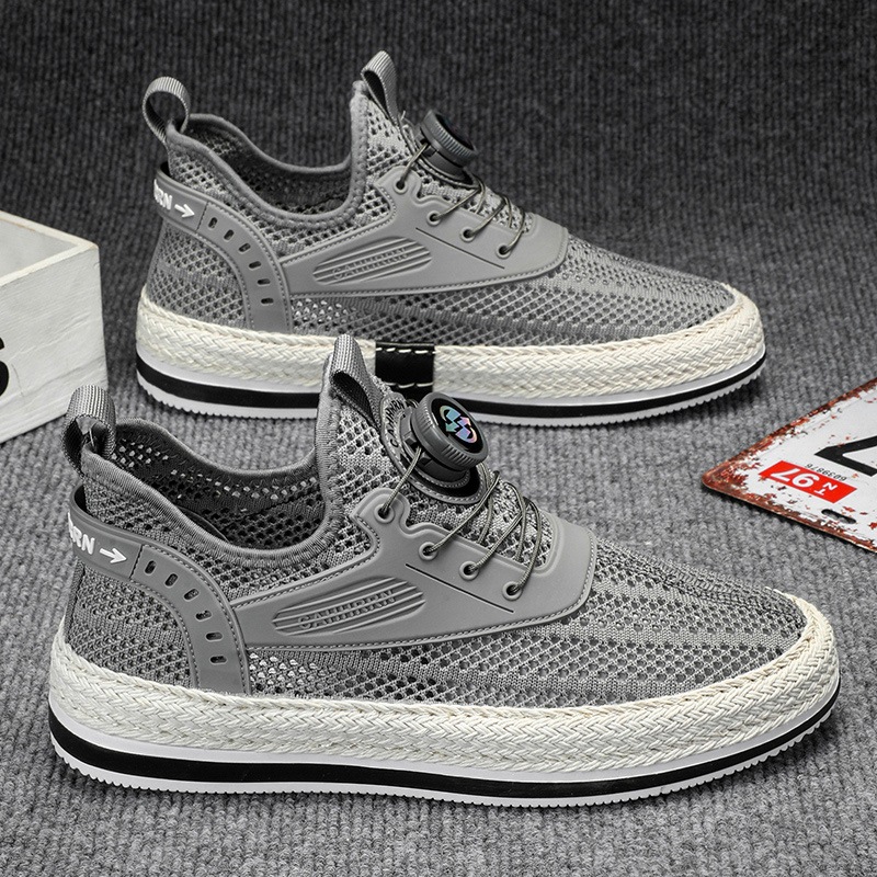 Zapatos de hombre con botón giratorio tejido de paja, zapatillas de deporte huecas de red grande, estudiantes, verano 2025, nuevo estilo, zapatos perezosos transpirables, hombres