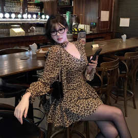 秋冬v领长袖豹纹显瘦气质连衣裙女2025新款a字裙复古度假风短裙