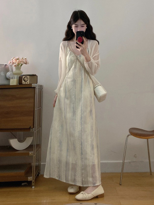 French Lace Embroidery Tie-Dye Suspender Dress Summer Plus Size Fat Chiffon Sun Protection Outer Two-Piece Suit