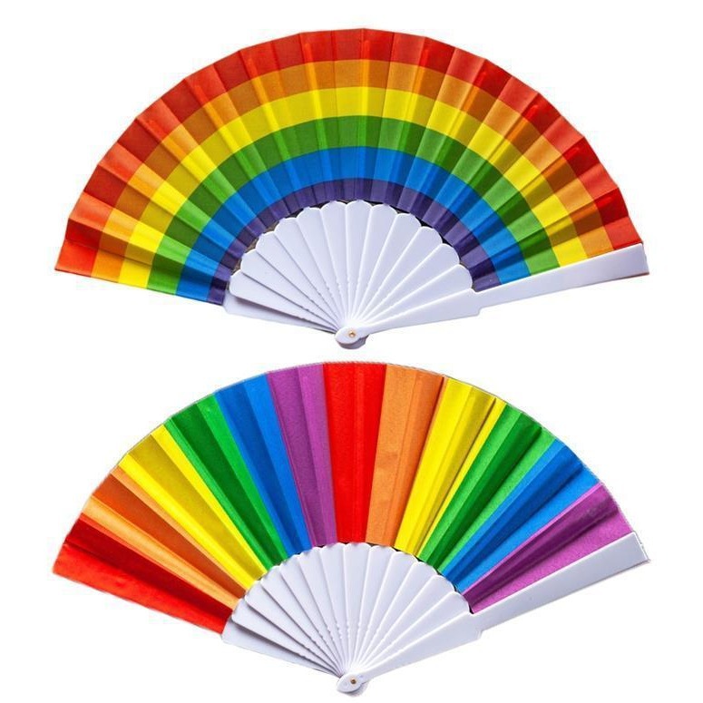 En stock ventilador plegable del arco iris Arco Iris ventilador de boda Arco Iris patrón ventilador de plástico Arco Iris ventilador de Bambú