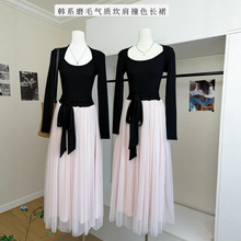 实拍女人拥有一切长袖连衣裙女冬磨毛气质坎肩撞色长裙