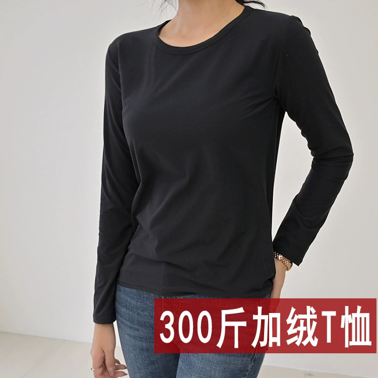 Осенняя женская одежда больших размеров 200 кг 300 кг Толстая эластичная футболка с длинным рукавом и круглым вырезом на флисовой подкладке, рубашка с теплым дном, Топ