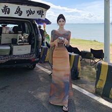 落日扎染印花荡领网纱连衣裙女气质修身收腰显瘦度假长裙无袖