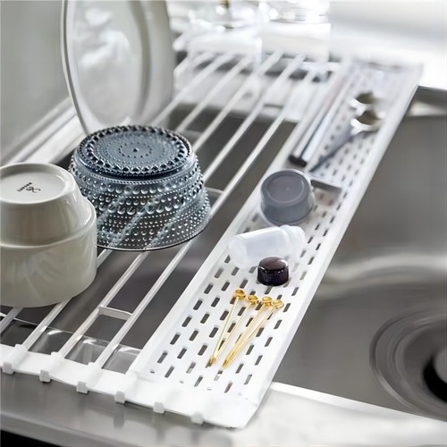 Kitchen sink drain rack foldable washbasin drain basket kitchen sink storage bowl rack roller curtain drain pad rack