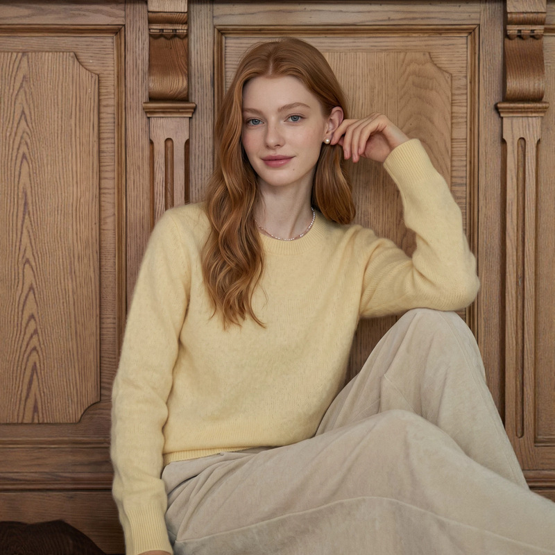 Unique and stylish clothing / Yellow wool long-sleeved knit sweater for women, autumn collection, gentle and soft, loose-fitting, round neckline