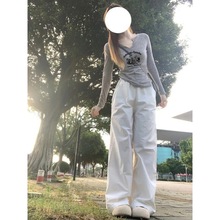 美式复古印花领薄款内搭打底衫女春季修身长袖t恤设计感小众上衣