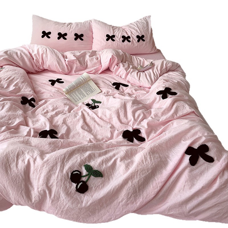 Toallas de algodón lavados con agua bordadas con cuatro piezas de sábanas de cama, cuatro piezas de sábanas de cama, dormitorio de estudiantes de dos personas, tres piezas de sábanas.