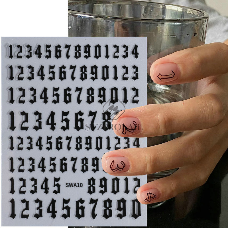 Spelling Evening Hot Nail Art Stickers Ins Cyber Red Four Color Digital Metal Combination 3D Adhesive Nail Sticker Paper Flower