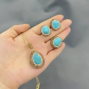 New Natural Turquoise Set European and American French Retro Necklace Earrings Ring Bracelet Manufacturers Cross-border Wholesale