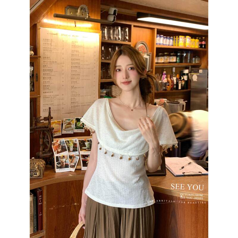 See You-Old Money Style Beaded Tassel Lace One-Shoulder Turn-Down Collar Slim Fit Top Blouse 261300m See You-Old Money Style Beaded Tassel Lace One-Shoulder Turn-Down Collar Slim Fit Top Blouse 261300m
